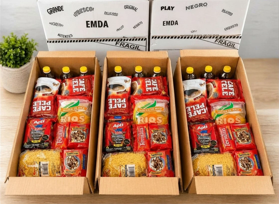 Cajas de canastas alimenticias en pallet listas para entrega